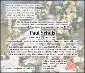 Traueranzeige von Paul Schulz von Ostsee-Zeitung GmbH