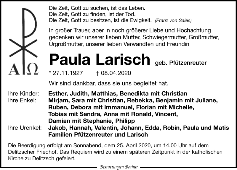 Traueranzeige für Paula Larisch vom 18.04.2020 aus Leipziger Volkszeitung