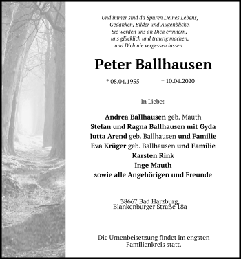 Traueranzeige von Peter Ballhausen von Eichsfelder Tageblatt
