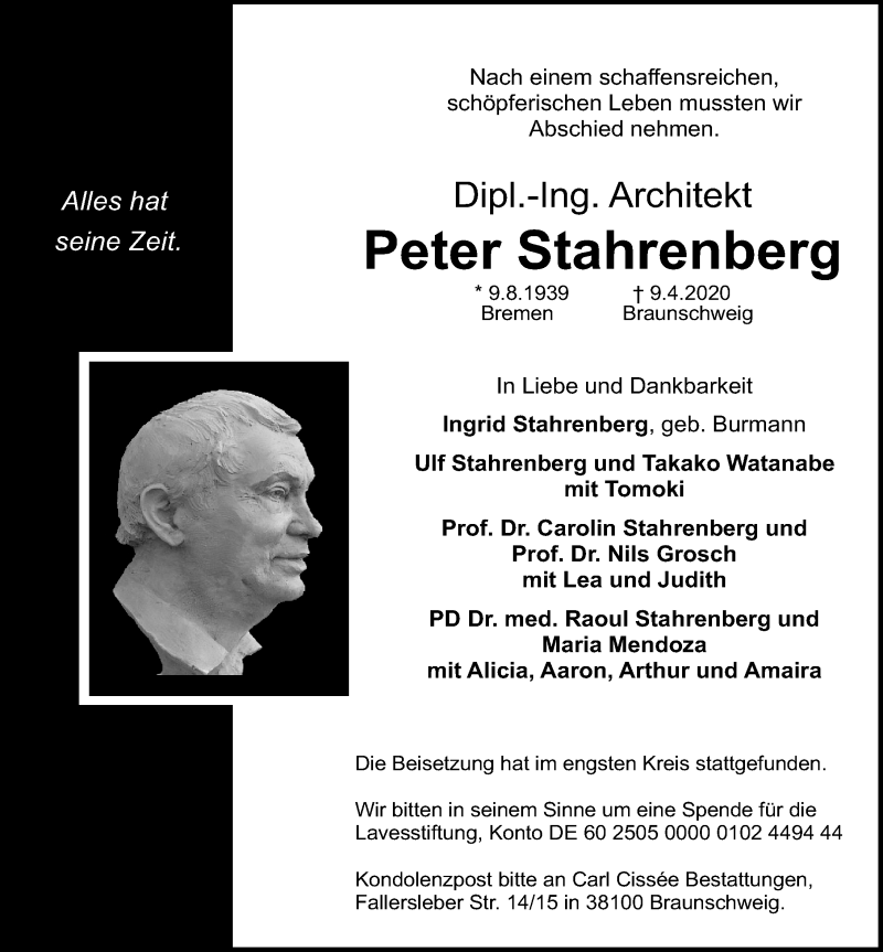  Traueranzeige für Peter Stahrenberg vom 18.04.2020 aus Hannoversche Allgemeine Zeitung/Neue Presse
