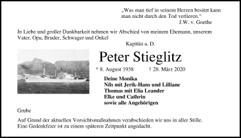 Traueranzeige von Peter Stieglitz von Lübecker Nachrichten