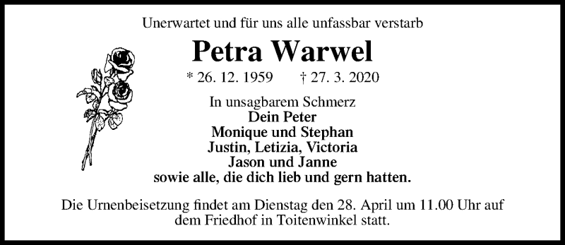  Traueranzeige für Petra Warwel vom 04.04.2020 aus Ostsee-Zeitung GmbH