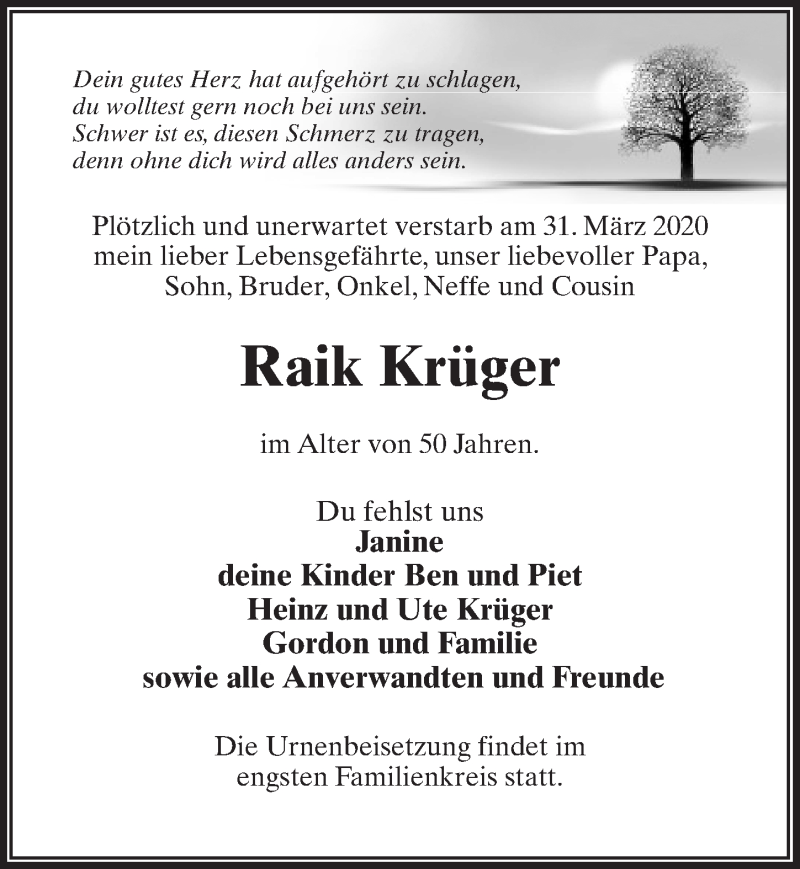  Traueranzeige für Raik Krüger vom 04.04.2020 aus Märkischen Allgemeine Zeitung
