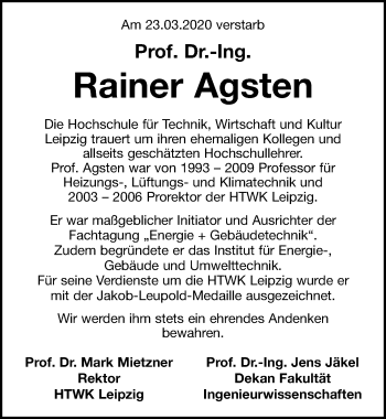 Traueranzeige von Rainer Agsten von Leipziger Volkszeitung