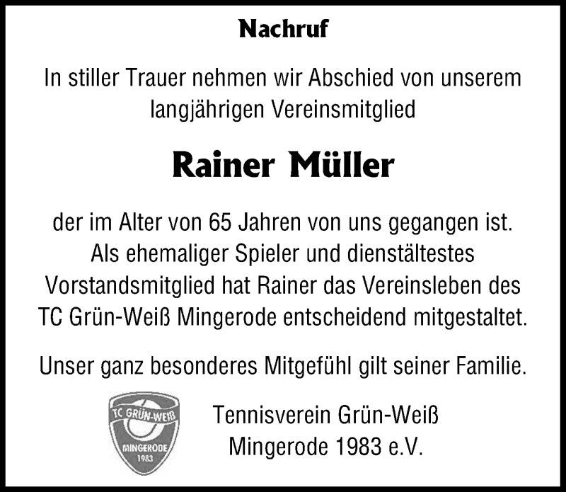 Traueranzeige für Rainer Müller vom 28.04.2020 aus Eichsfelder Tageblatt