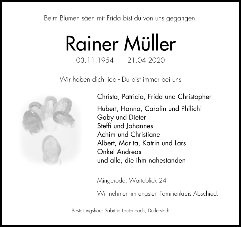  Traueranzeige für Rainer Müller vom 25.04.2020 aus Eichsfelder Tageblatt