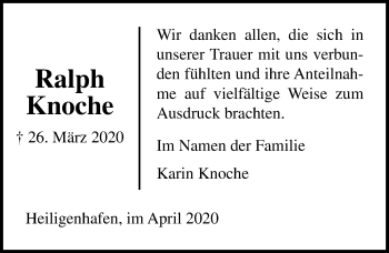 Traueranzeige von Ralph Knoche von Lübecker Nachrichten