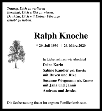 Traueranzeige von Ralph Knoche von Lübecker Nachrichten