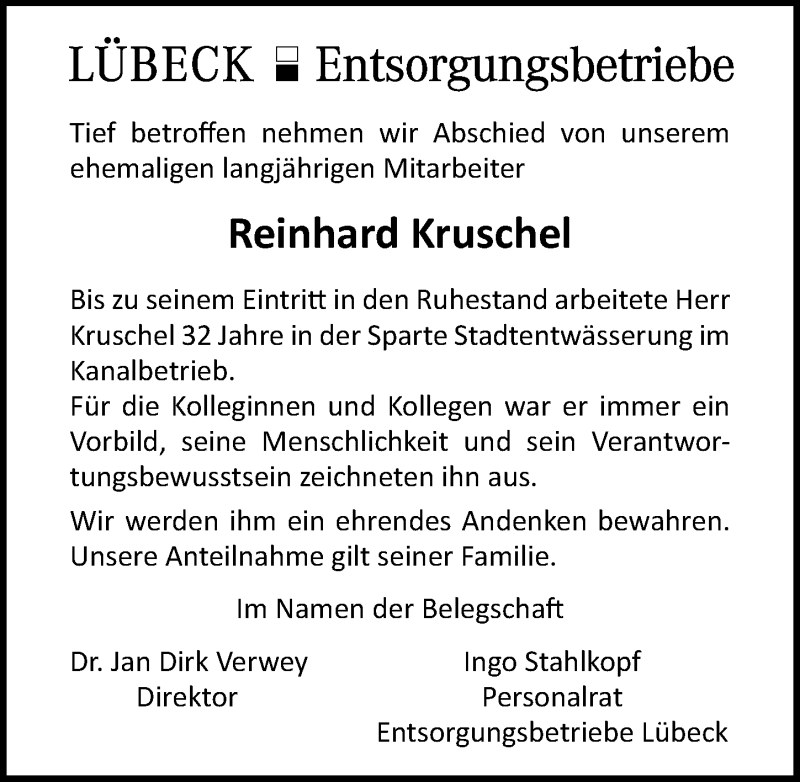  Traueranzeige für Reinhard Kruschel vom 05.04.2020 aus Lübecker Nachrichten