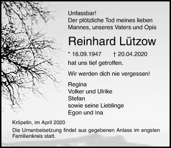 Traueranzeige von Reinhard Lützow von Ostsee-Zeitung GmbH