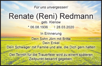 Traueranzeige von Renate Redmann von Ostsee-Zeitung GmbH