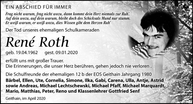  Traueranzeige für Rene Roth vom 25.04.2020 aus Leipziger Volkszeitung