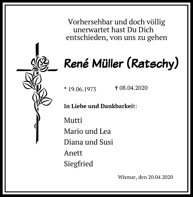  Traueranzeige für René Müller vom 25.04.2020 aus Ostsee-Zeitung GmbH