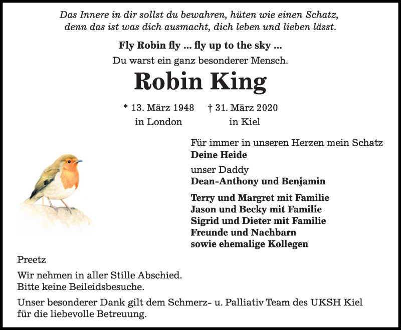  Traueranzeige für Robin King vom 04.04.2020 aus Kieler Nachrichten