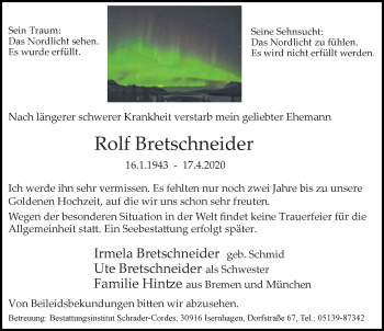Traueranzeige von Rolf Bretschneider von Hannoversche Allgemeine Zeitung/Neue Presse