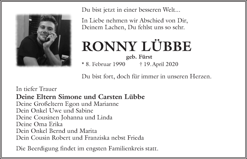  Traueranzeige für Ronny Lübbe vom 25.04.2020 aus Märkischen Allgemeine Zeitung