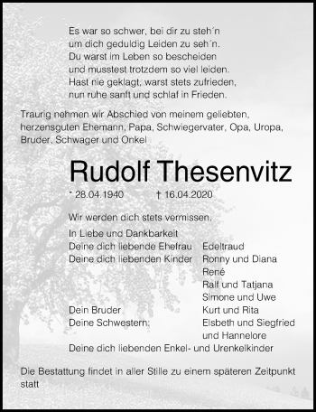 Traueranzeige von Rudolf Thesenvitz von Ostsee-Zeitung GmbH