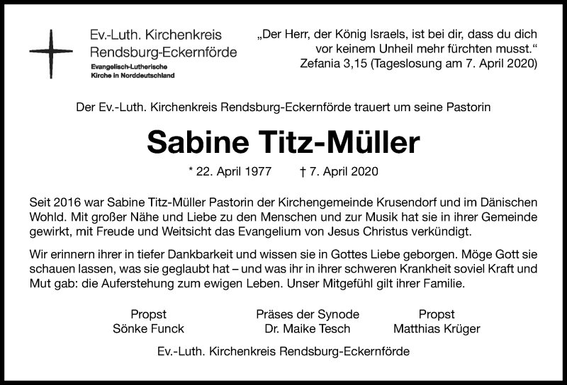  Traueranzeige für Sabine Titz-Müller vom 11.04.2020 aus Kieler Nachrichten