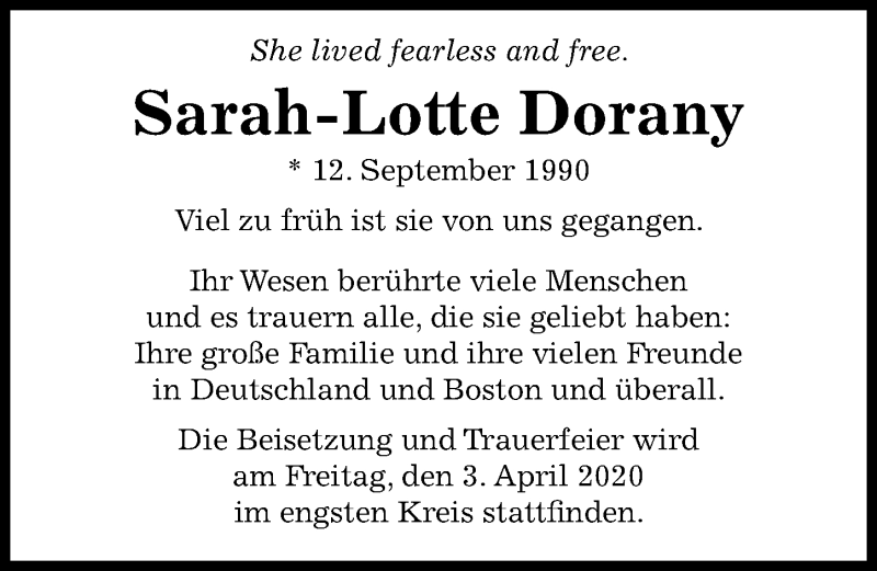  Traueranzeige für Sarah-Lotte Dorany vom 02.04.2020 aus Göttinger Tageblatt