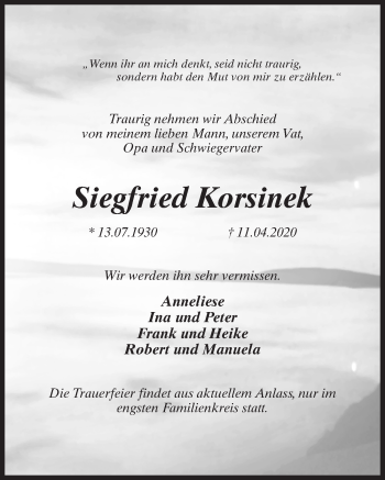 Traueranzeige von Siegfried Korsinek von Märkischen Allgemeine Zeitung