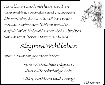 Traueranzeige von Siegrun Wohlleben von Leipziger Volkszeitung