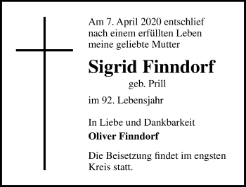 Traueranzeige von Sigrid Finndorf von Lübecker Nachrichten