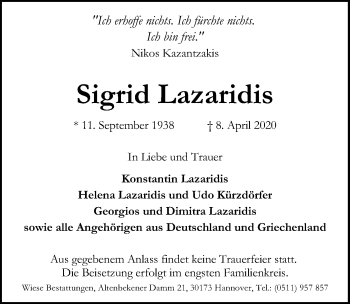 Traueranzeige von Sigrid Lazaridis von Hannoversche Allgemeine Zeitung/Neue Presse