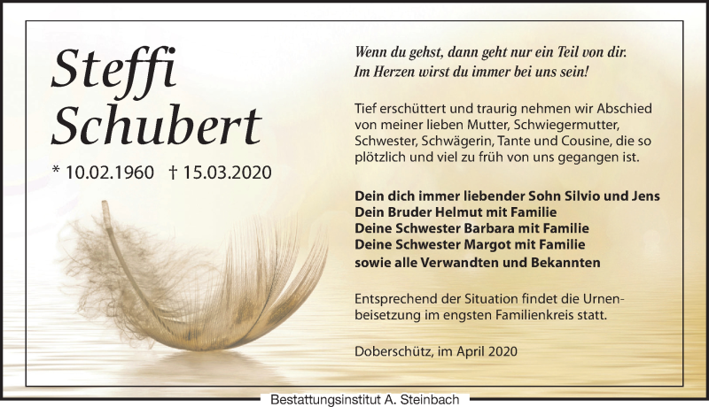  Traueranzeige für Steffi Schubert vom 11.04.2020 aus Leipziger Volkszeitung