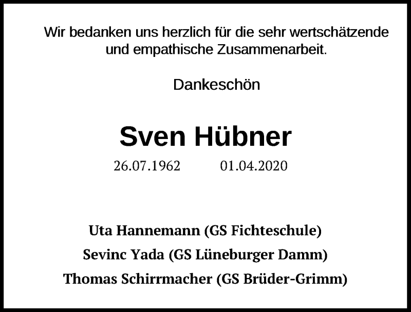  Traueranzeige für Sven Hübner vom 16.04.2020 aus Hannoversche Allgemeine Zeitung/Neue Presse