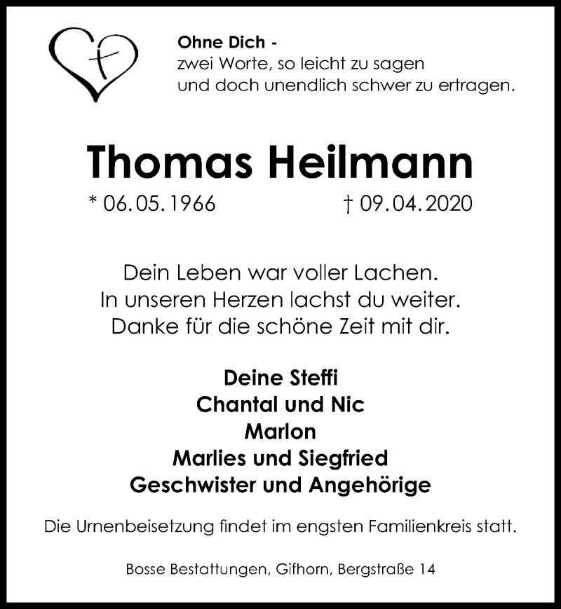  Traueranzeige für Thomas Heilmann vom 15.04.2020 aus Aller Zeitung