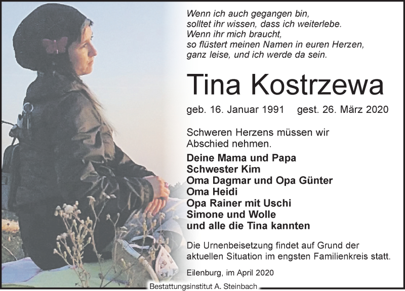  Traueranzeige für Tina Kostrzewa vom 04.04.2020 aus Leipziger Volkszeitung