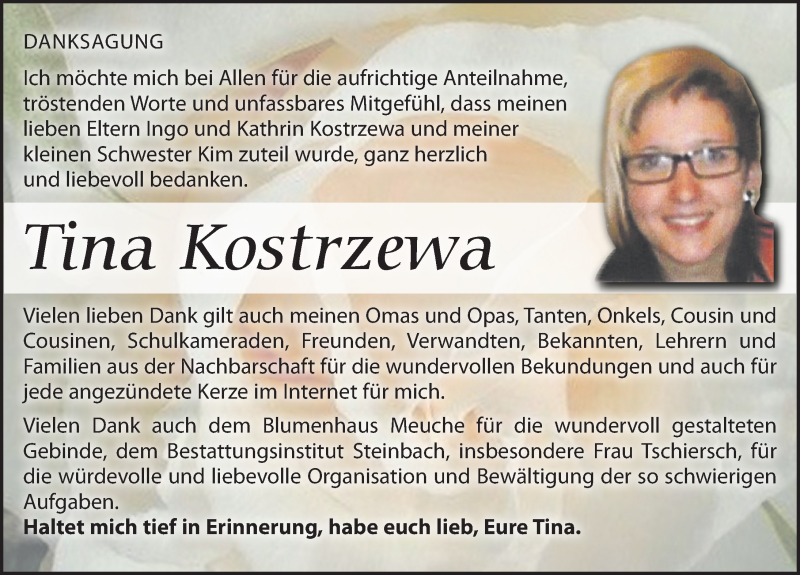  Traueranzeige für Tina Kostrzewa vom 25.04.2020 aus Leipziger Volkszeitung