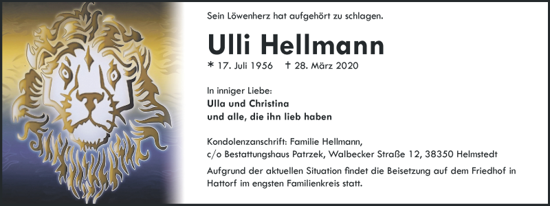  Traueranzeige für Ulli Hellmann vom 04.04.2020 aus Aller Zeitung