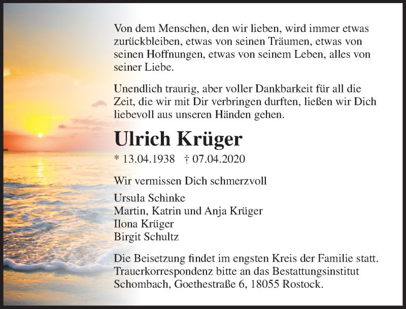  Traueranzeige für Ulrich Krüger vom 18.04.2020 aus Ostsee-Zeitung GmbH