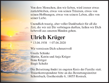 Traueranzeige von Ulrich Krüger von Ostsee-Zeitung GmbH