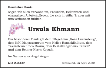 Traueranzeige von Ursula Ehmann von Ostsee-Zeitung GmbH