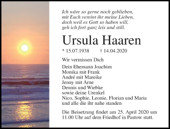 Traueranzeige von Ursula Haaren von Ostsee-Zeitung GmbH