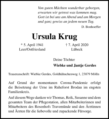 Traueranzeige von Ursula Krug von Lübecker Nachrichten