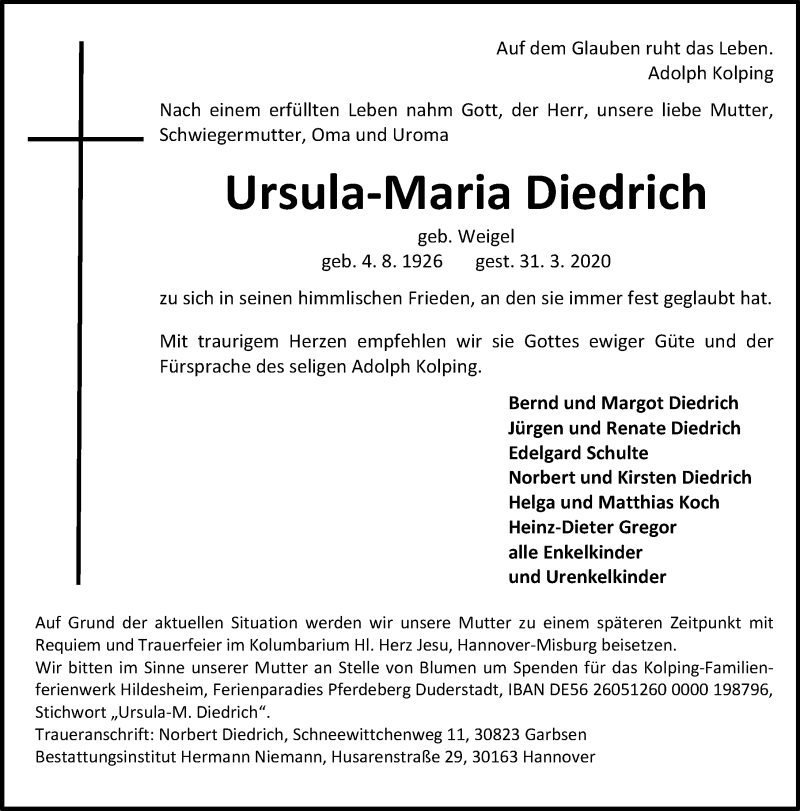  Traueranzeige für Ursula-Maria Diedrich vom 04.04.2020 aus Hannoversche Allgemeine Zeitung/Neue Presse