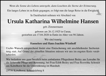 Traueranzeige von Ursula Katharina Wilhelmine Hansen von Lübecker Nachrichten