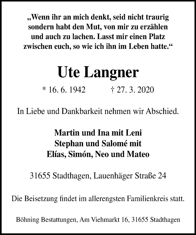  Traueranzeige für Ute Langner vom 04.04.2020 aus Schaumburger Nachrichten