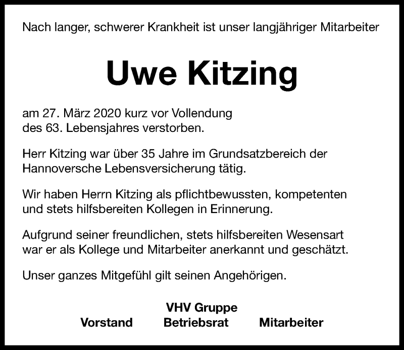  Traueranzeige für Uwe Kitzing vom 04.04.2020 aus Hannoversche Allgemeine Zeitung/Neue Presse