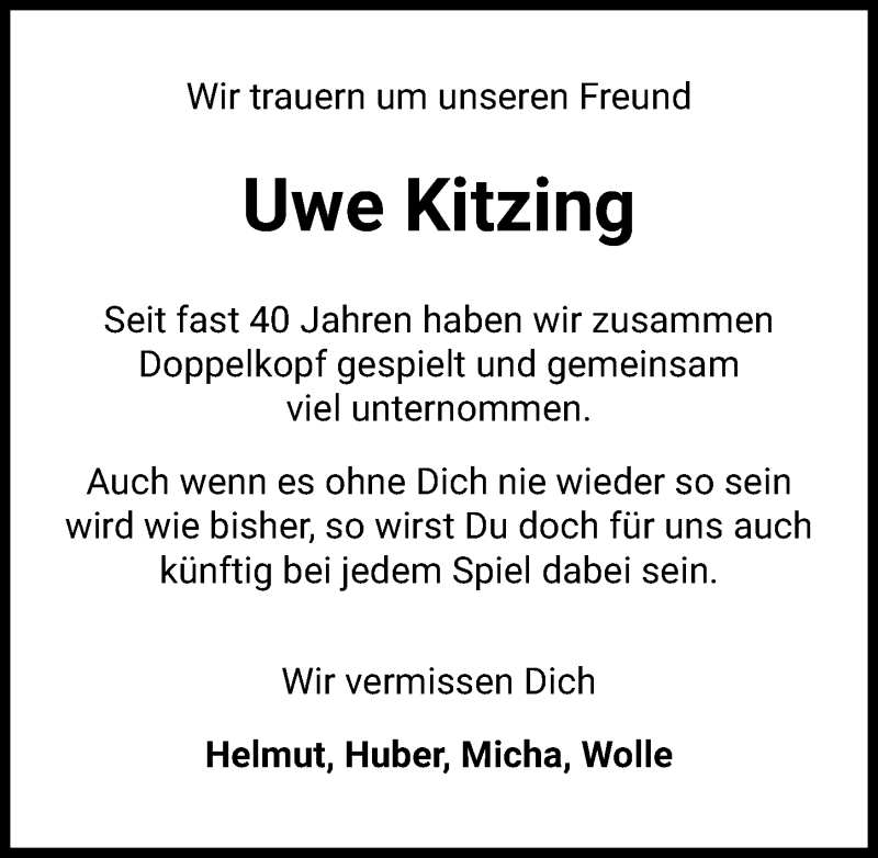  Traueranzeige für Uwe Kitzing vom 04.04.2020 aus Hannoversche Allgemeine Zeitung/Neue Presse