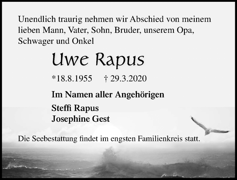  Traueranzeige für Uwe Rapus vom 04.04.2020 aus Ostsee-Zeitung GmbH