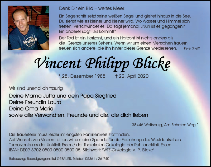  Traueranzeige für Vincent Philipp Blicke vom 30.04.2020 aus Aller Zeitung