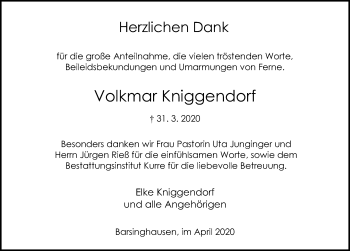 Traueranzeige von Volkmar Kniggendorf von Hannoversche Allgemeine Zeitung/Neue Presse