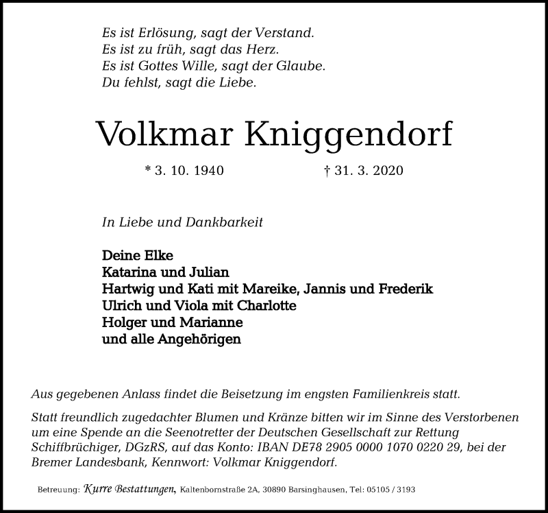  Traueranzeige für Volkmar Kniggendorf vom 04.04.2020 aus Hannoversche Allgemeine Zeitung/Neue Presse