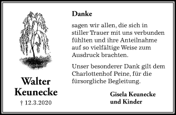 Traueranzeige von Walter Keunecke von Peiner Allgemeine Zeitung