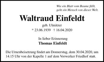 Traueranzeige von Waltraud Einfeldt von Lübecker Nachrichten