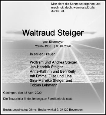 Traueranzeige von Waltraud Steiger von Göttinger Tageblatt